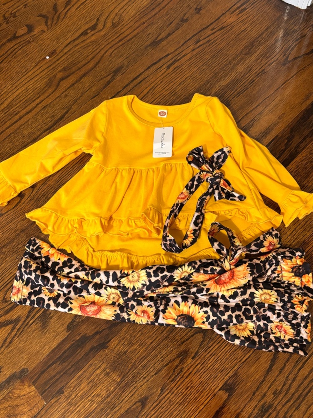 Yellow Ruffle Baby Top with Sunflower Leopard Leggings & Headband